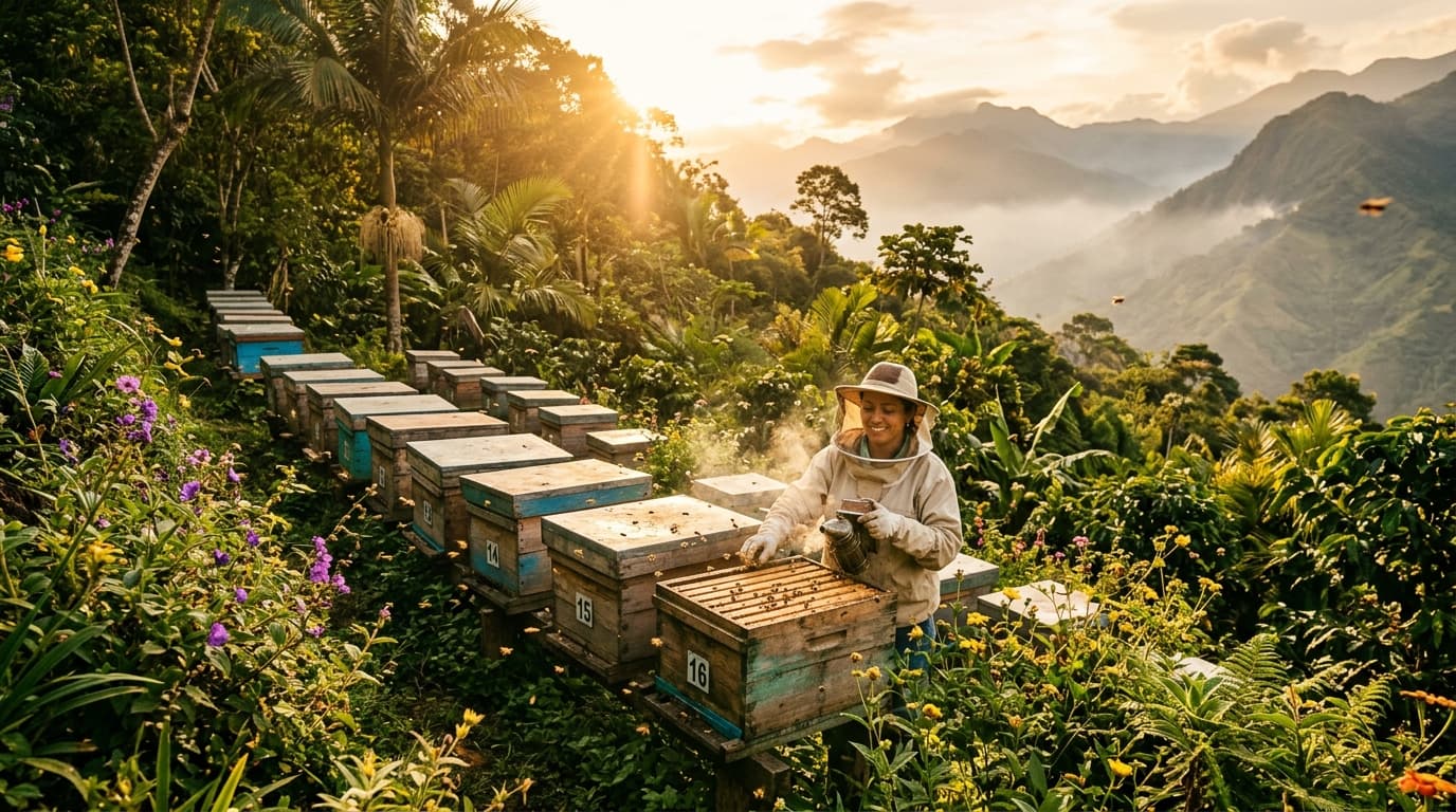 Vista del apiario Bee Max entre los paisajes del Cauca, Colombia
