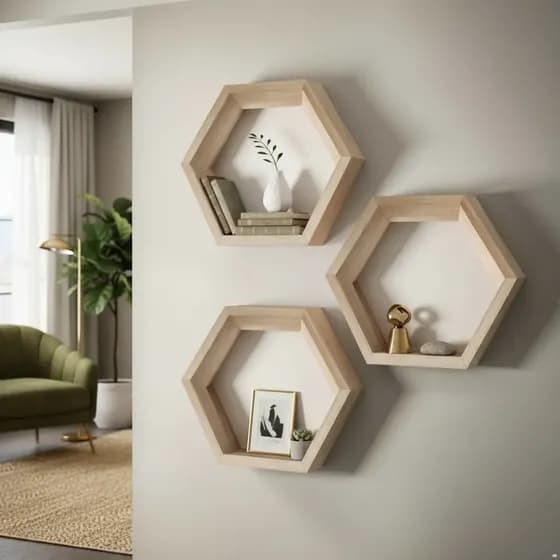 Repisa Hexagonal Grande X3 Unids En Madera De Pino Natural